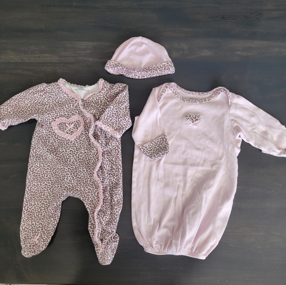 Little Me Pink Leopard Print 3 Piece Bundle Footed Onesie, Gown Hat 0-3 months